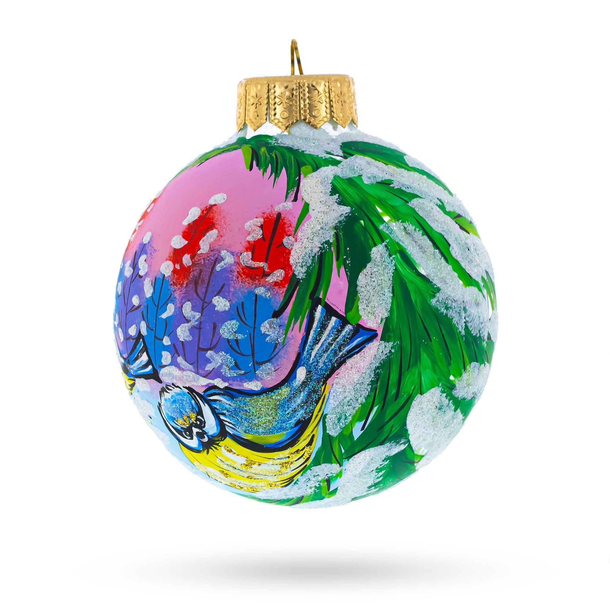 Songbirds in Winter Scene Glass Ball Christmas Ornament 4 Inches