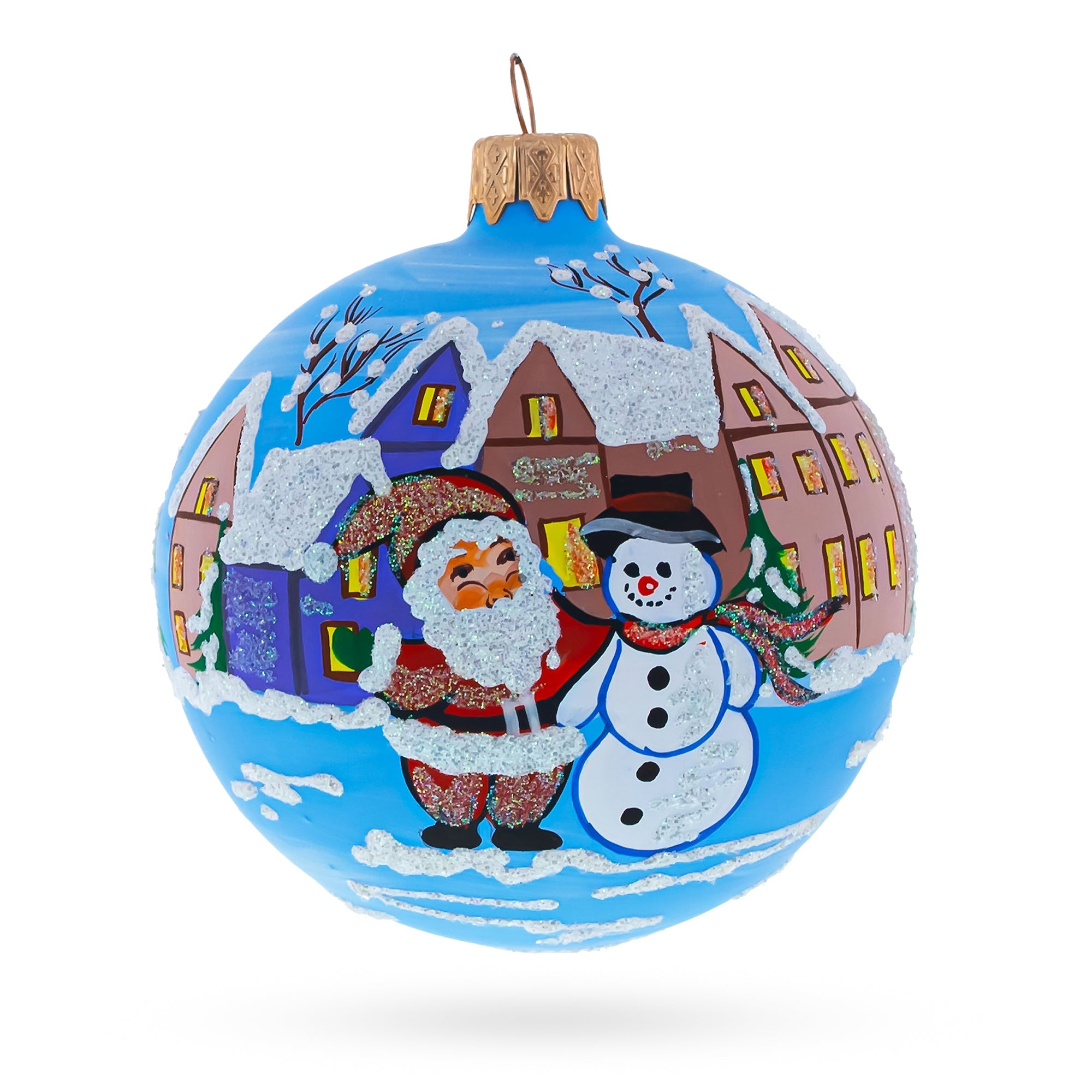 Santa & Snowman Winter Village Scene Glass Ball Christmas Ornament 3.25 Inches