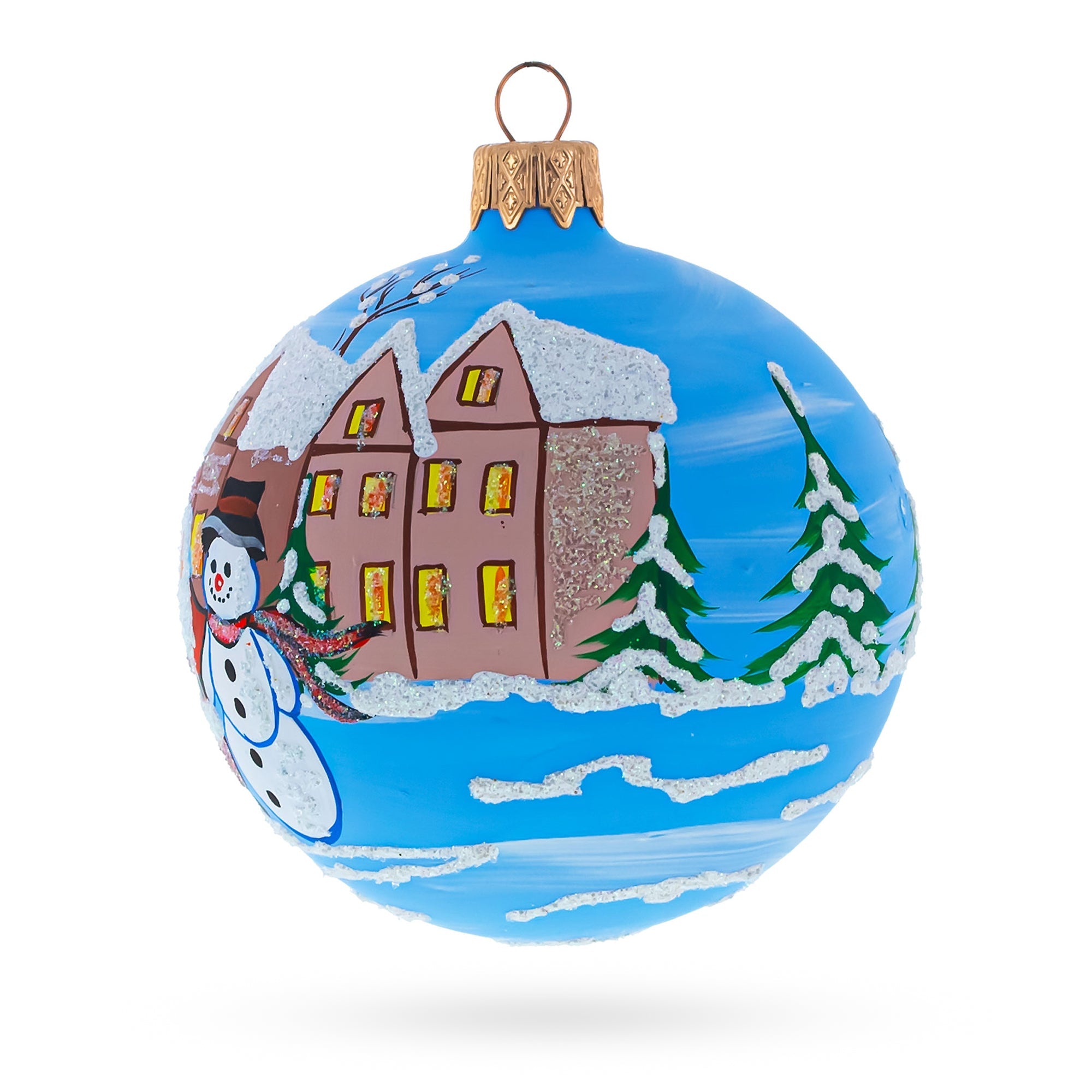Santa & Snowman Winter Village Scene Glass Ball Christmas Ornament 3.25 Inches