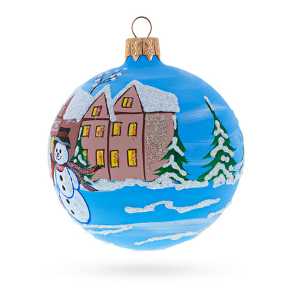 Santa & Snowman Winter Village Scene Glass Ball Christmas Ornament 3.25 Inches