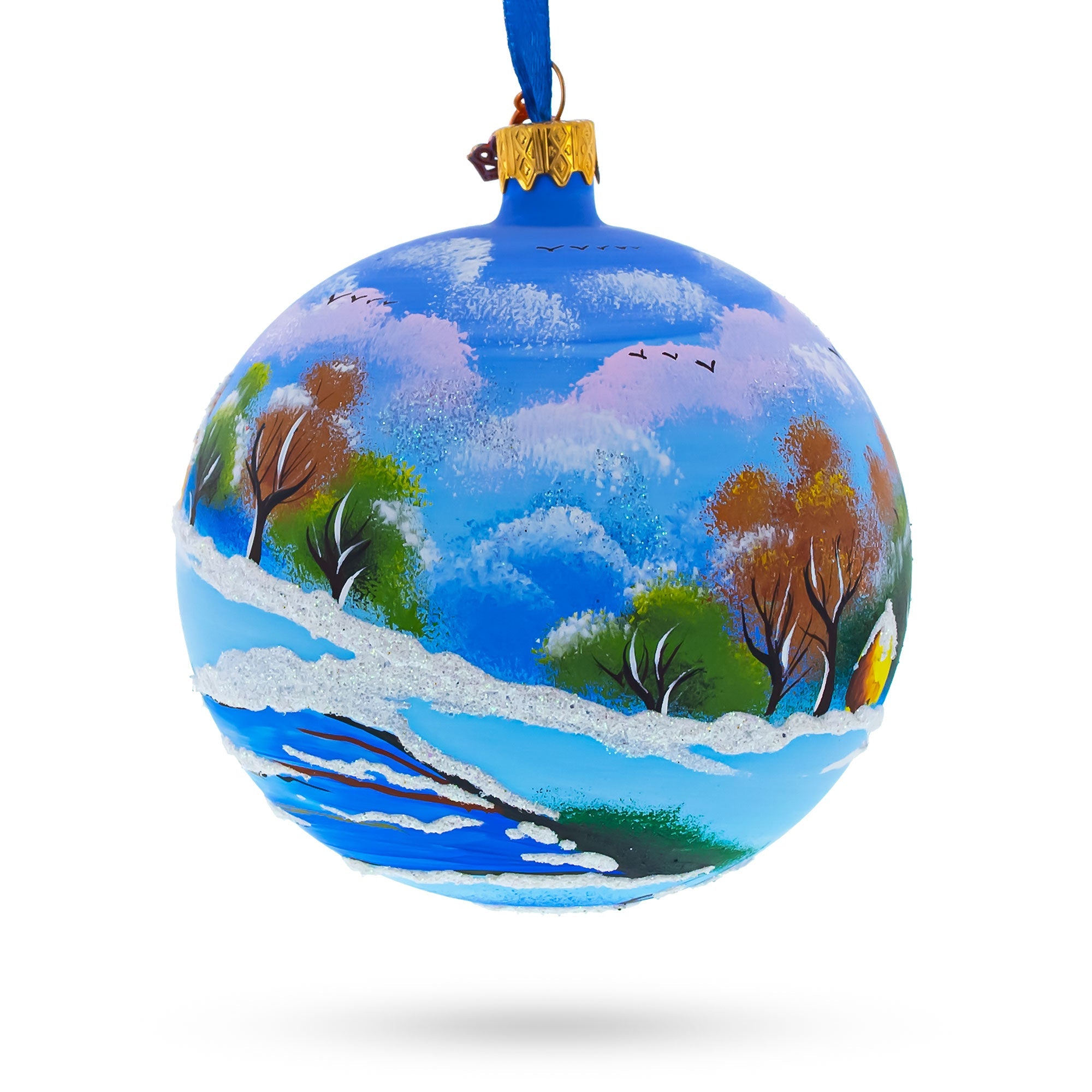 Serene Winter Village Scene with Lake Glass Ball Christmas Ornament 4 Inches BestPysanky