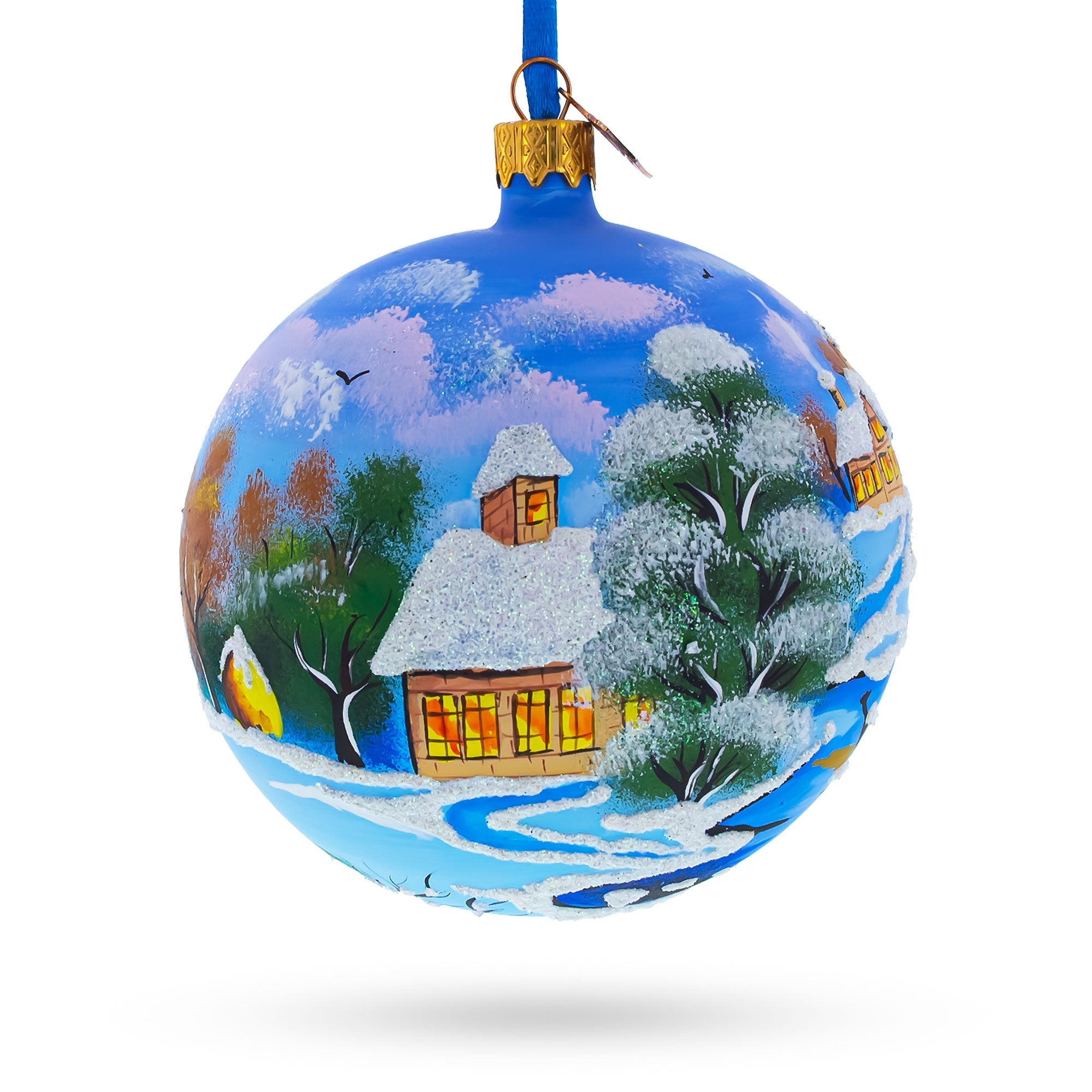 Serene Winter Village Scene with Lake Glass Ball Christmas Ornament 4 Inches BestPysanky