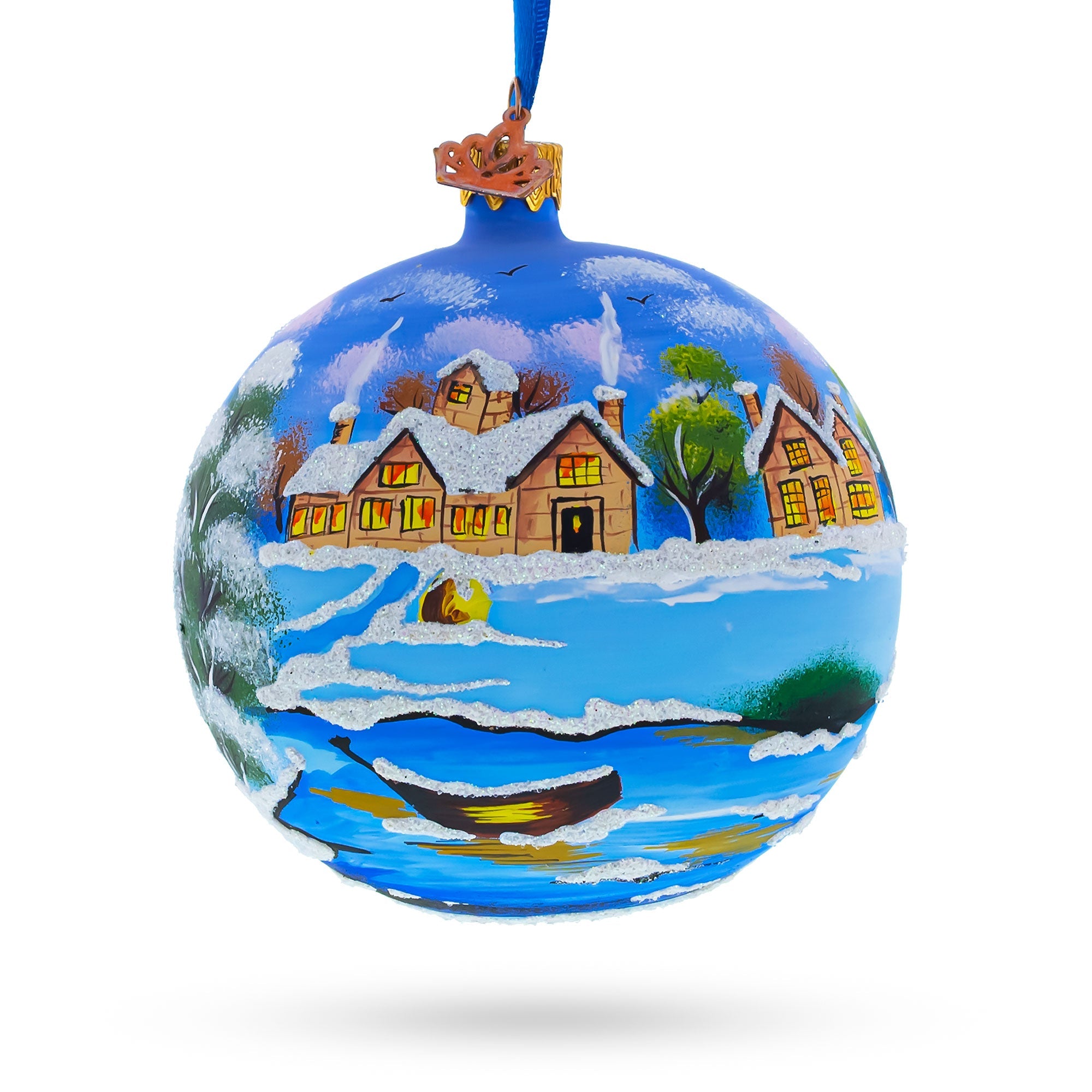 Serene Winter Village Scene with Lake Glass Ball Christmas Ornament 4 Inches BestPysanky