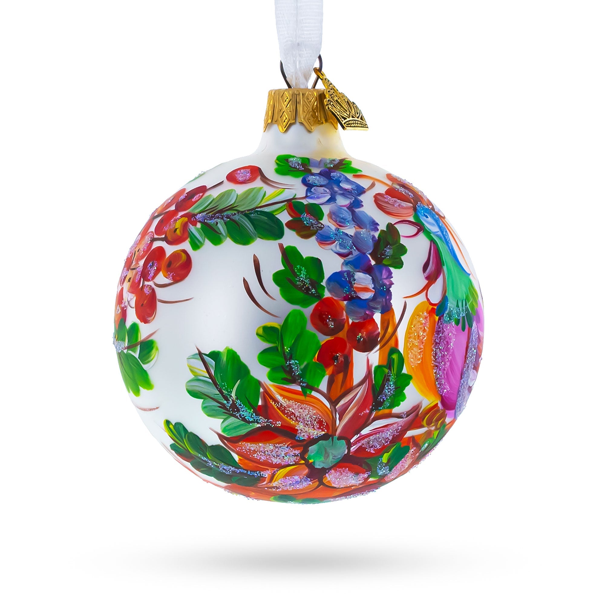 Vibrant Rooster with Flowers Glass Ball Christmas Ornament 3.25 Inches
