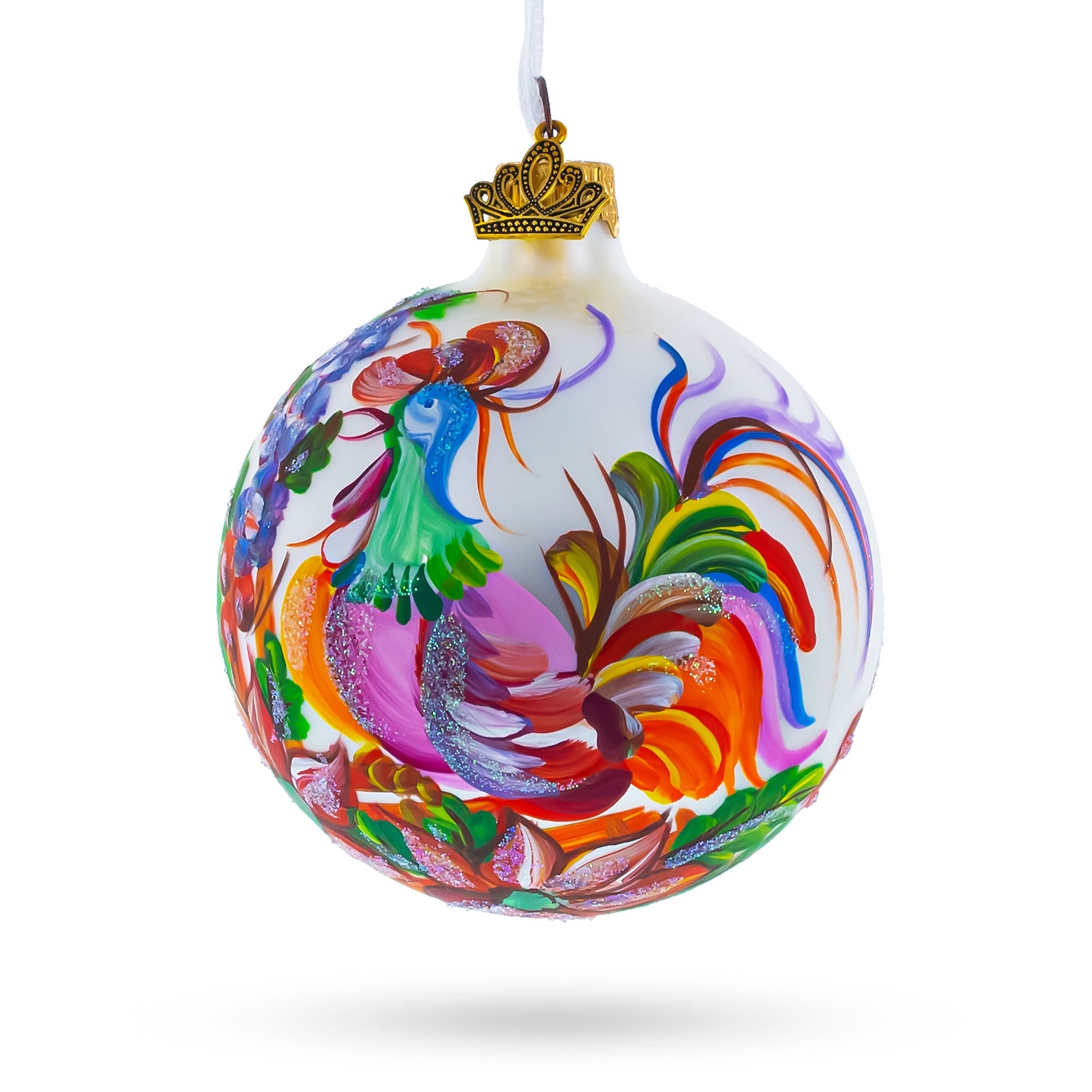Vibrant Rooster with Flowers Glass Ball Christmas Ornament 3.25 Inches