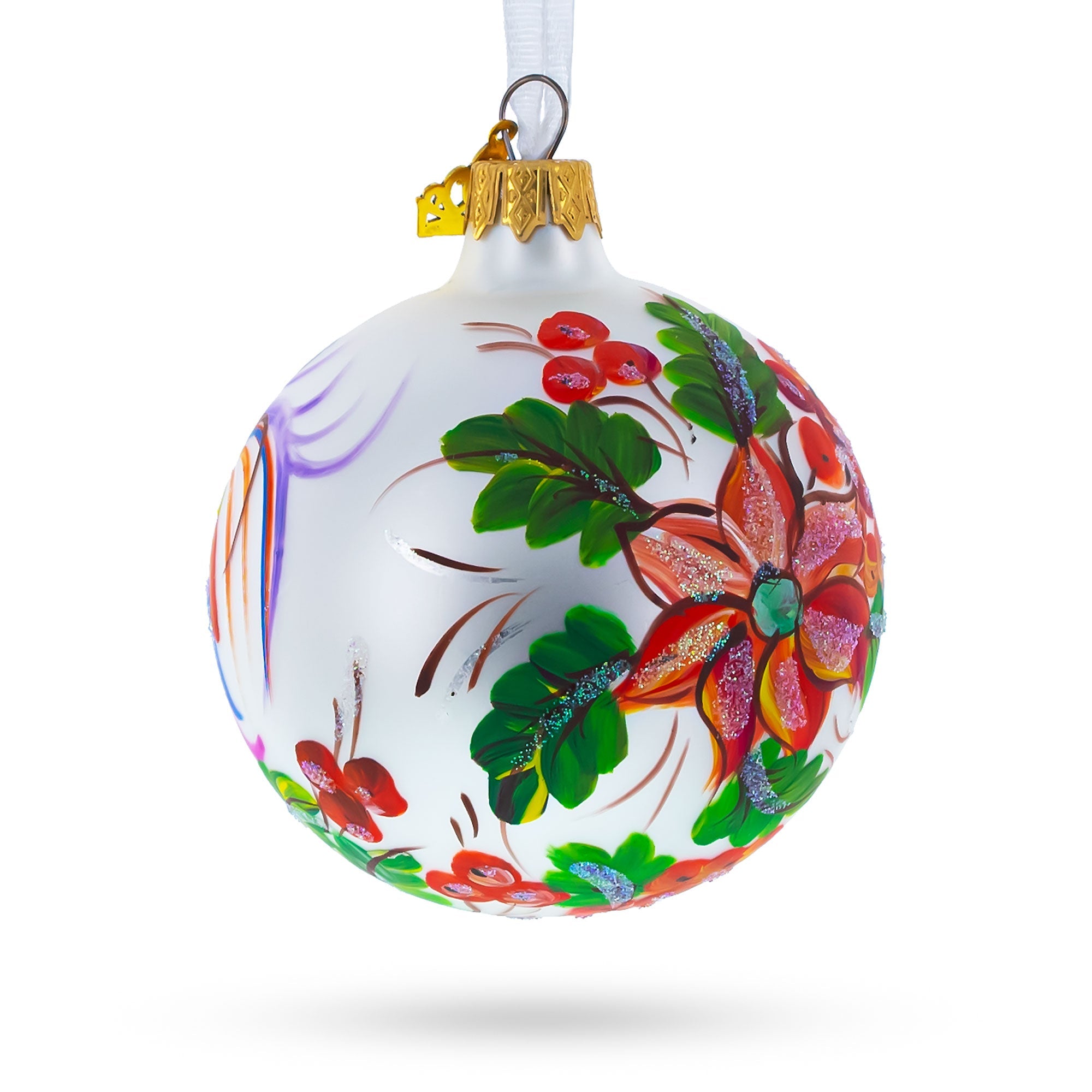 Vibrant Rooster with Flowers Glass Ball Christmas Ornament 3.25 Inches