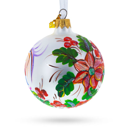 Vibrant Rooster with Flowers Glass Ball Christmas Ornament 3.25 Inches