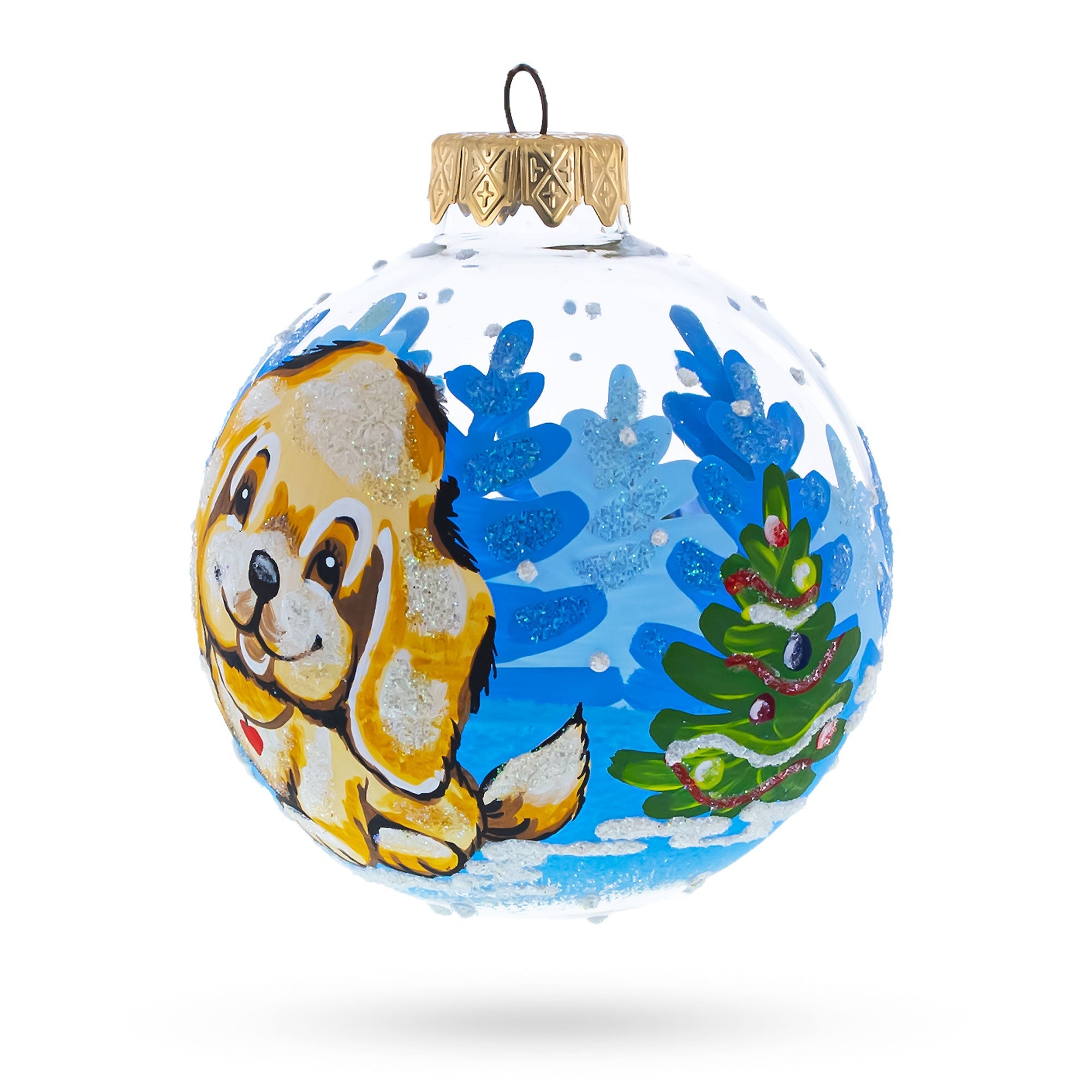 Adorable Golden Puppy Glass Ball Christmas Ornament 3.25 Inches