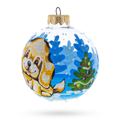 Adorable Golden Puppy Glass Ball Christmas Ornament 3.25 Inches