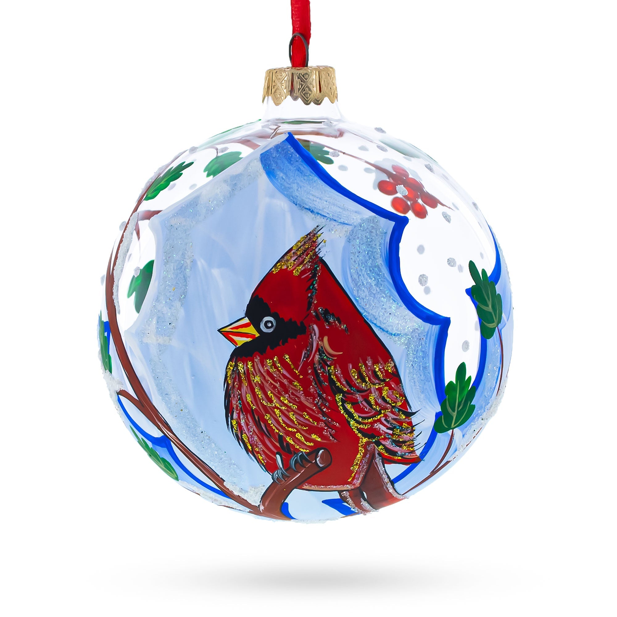 Cardinal Winter Scene Glass Ball Christmas Ornament 4 Inches
