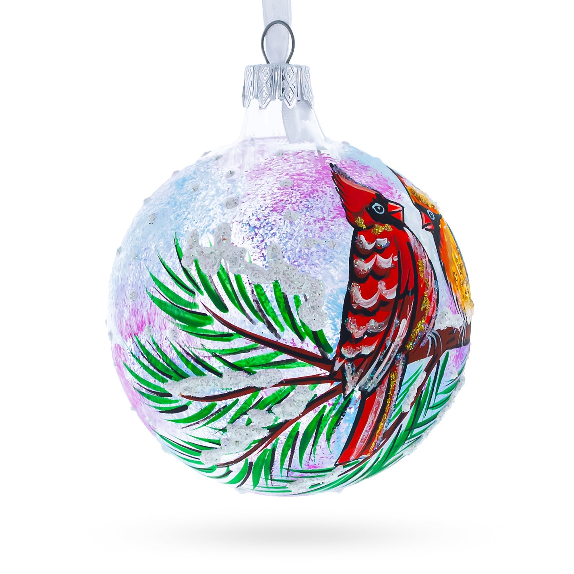 Two Cardinals in Snowy Scenery Glass Ball Christmas Ornament 3.25 Inches