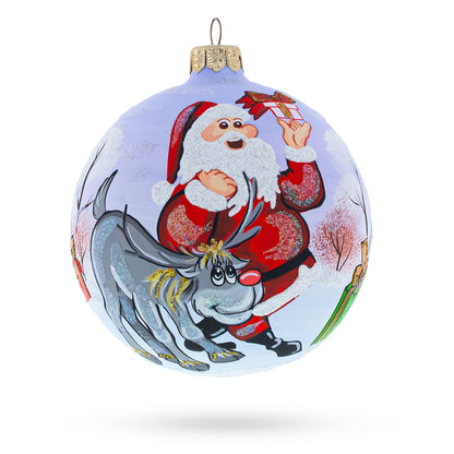 Santa and Reindeer Glass Ball Christmas Ornament 4 Inches