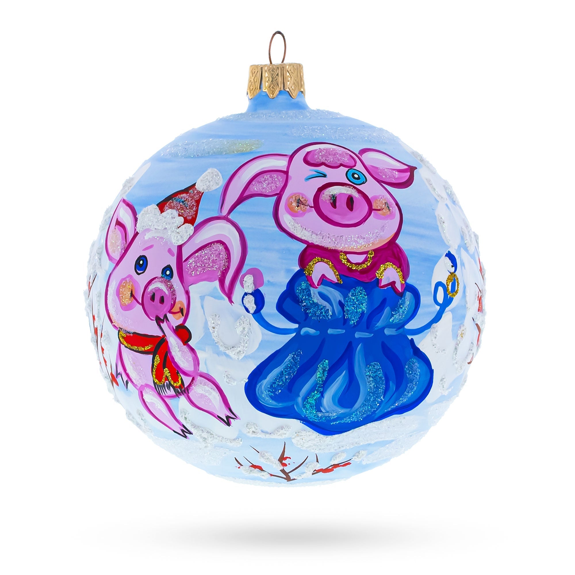 Two Pigs with Gifts Glass Ball Christmas Ornament 4 Inches