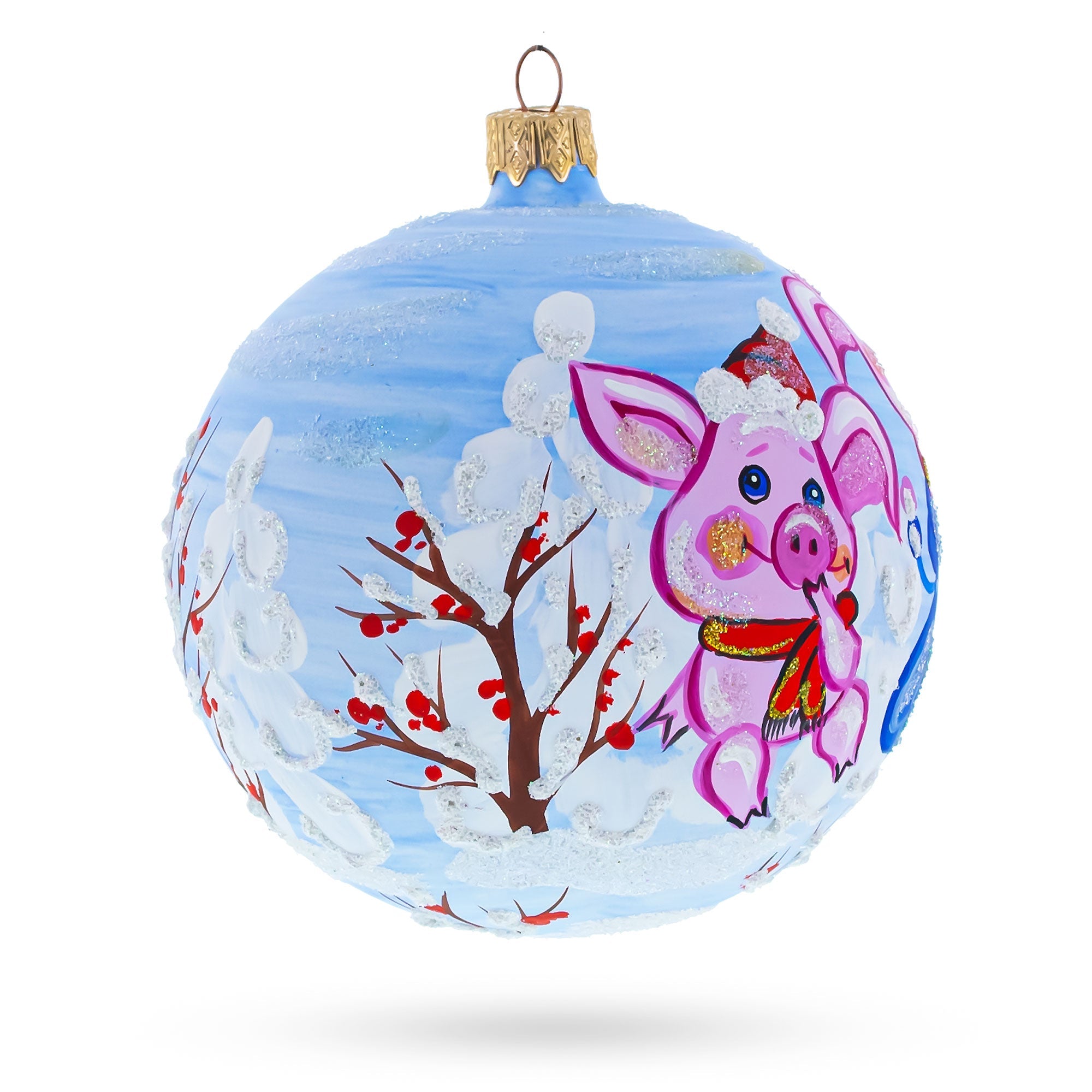 Two Pigs with Gifts Glass Ball Christmas Ornament 4 Inches