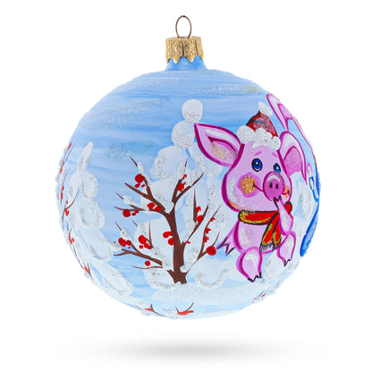 Two Pigs with Gifts Glass Ball Christmas Ornament 4 Inches