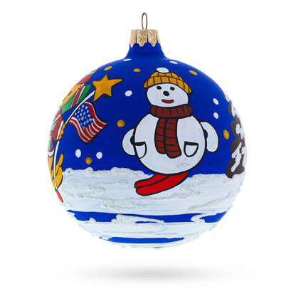 Bear Skiing with Snowman and USA Flag Glass Ball Christmas Ornament 4 Inches
