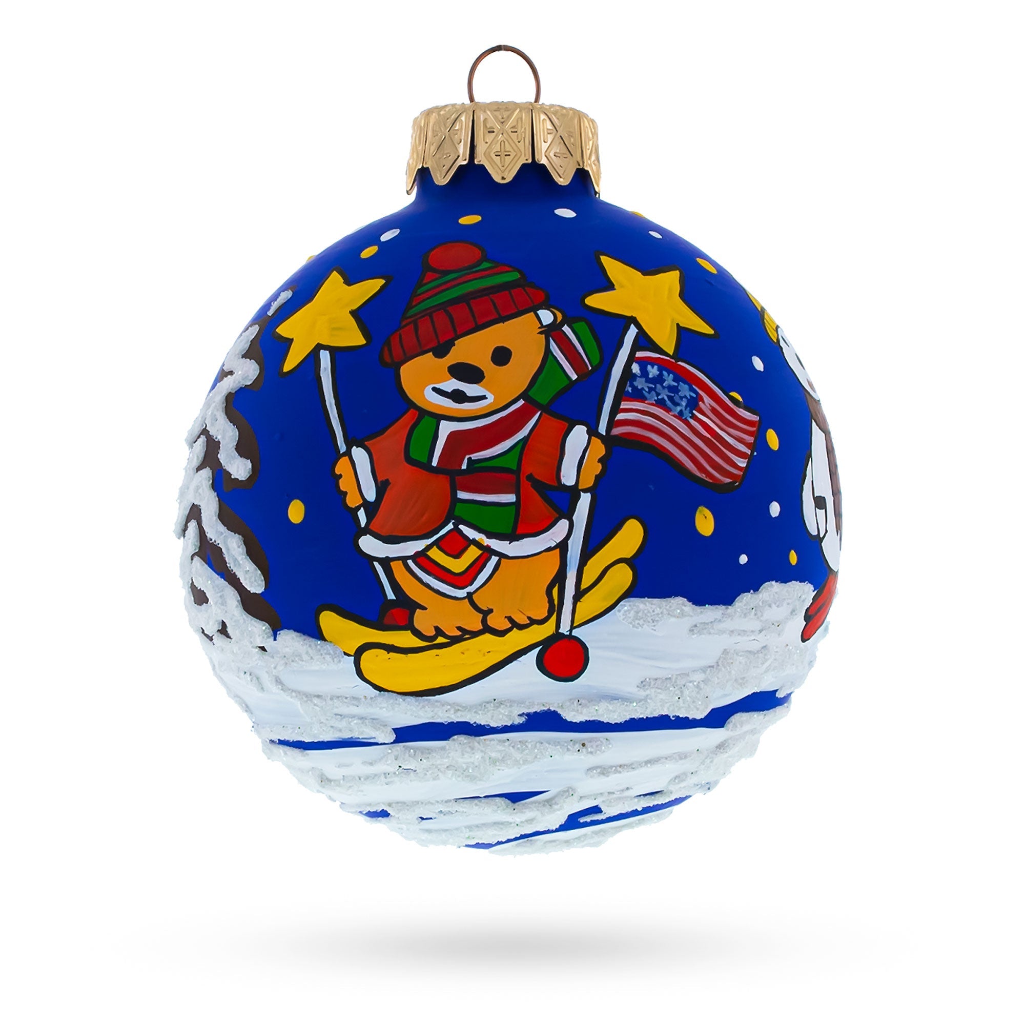 Bear Skiing with Snowman and USA Flag Glass Ball Christmas Ornament 3.25 Inches