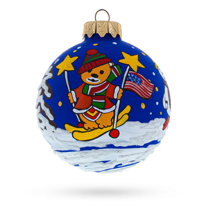 Bear Skiing with Snowman and USA Flag Glass Ball Christmas Ornament 3.25 Inches