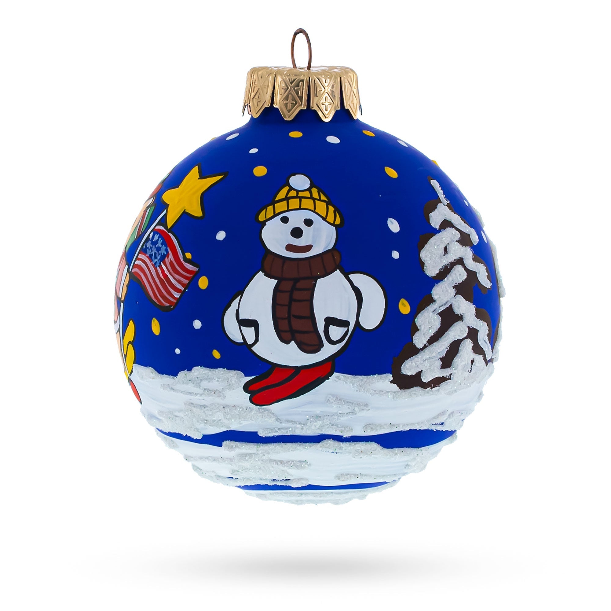 Bear Skiing with Snowman and USA Flag Glass Ball Christmas Ornament 3.25 Inches