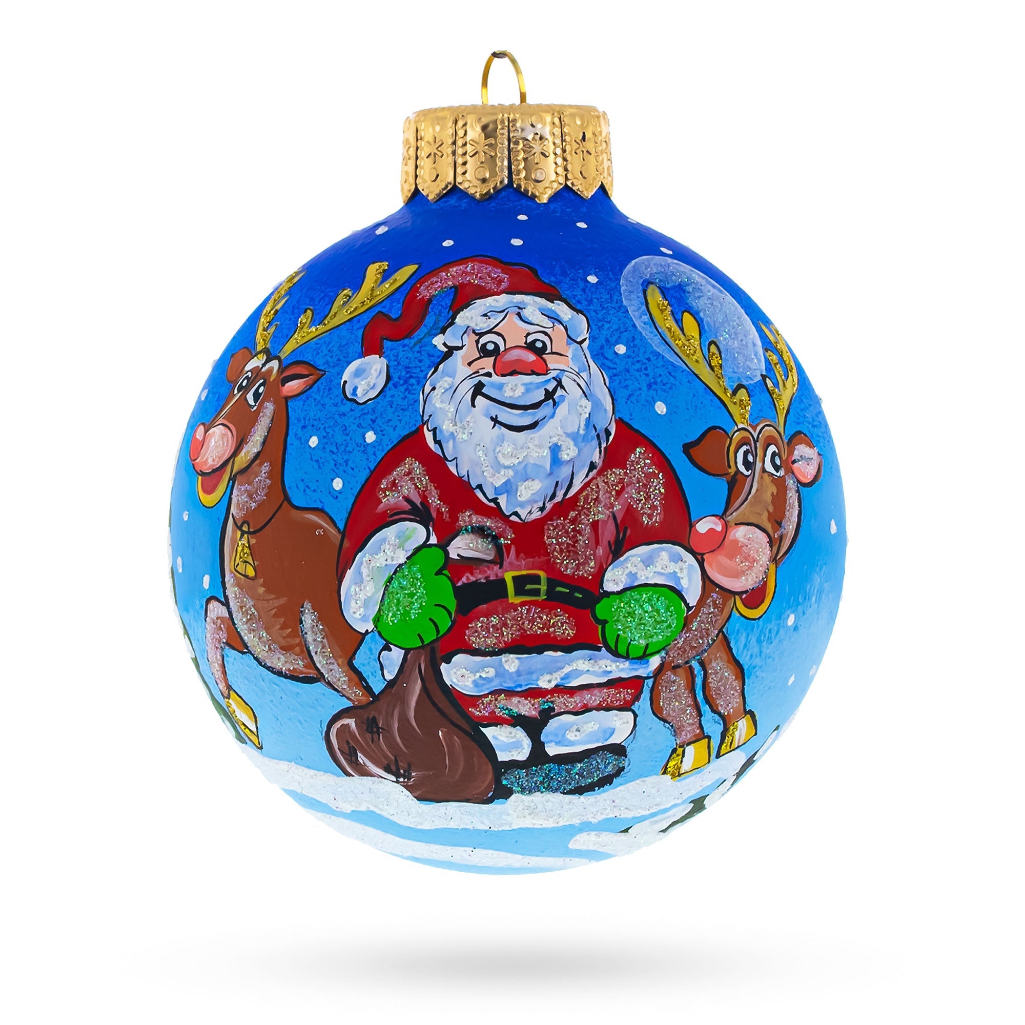 Santa and Reindeer Festive Glass Ball Christmas Ornament 4 Inches