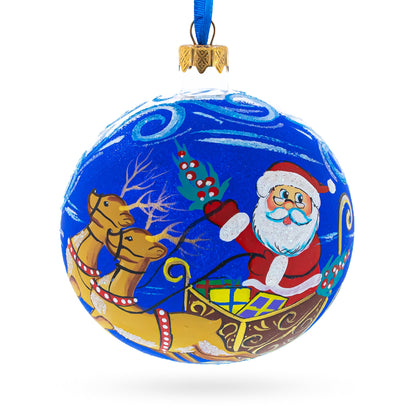 Jolly Santa Riding Sleigh with Reindeer Glass Ball Christmas Ornament 4 Inches
