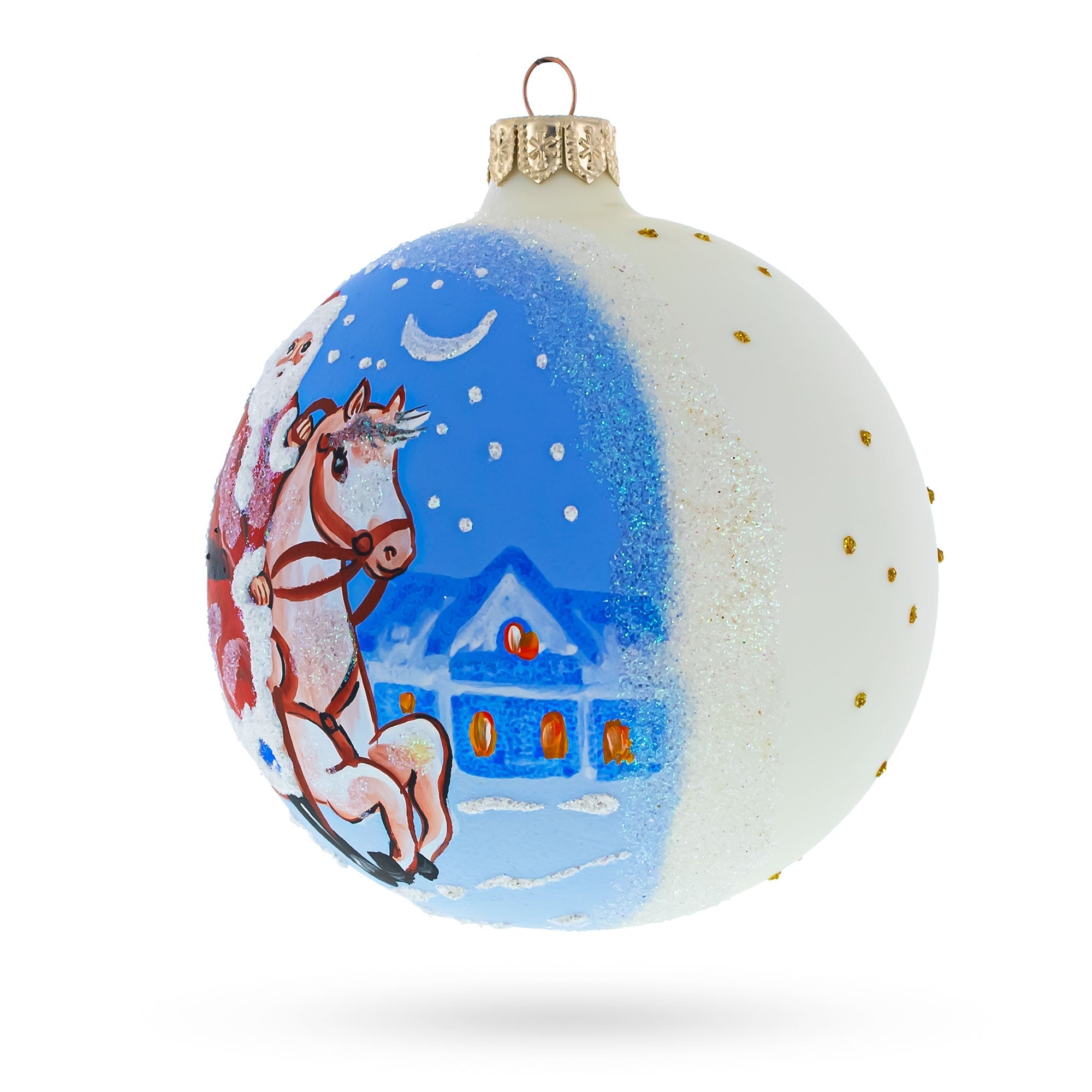 Santa Riding Horse Laden with Gifts Glass Ball Christmas Ornament 4 Inches