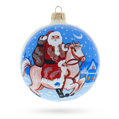 Santa Riding Horse Laden with Gifts Glass Ball Christmas Ornament 4 Inches
