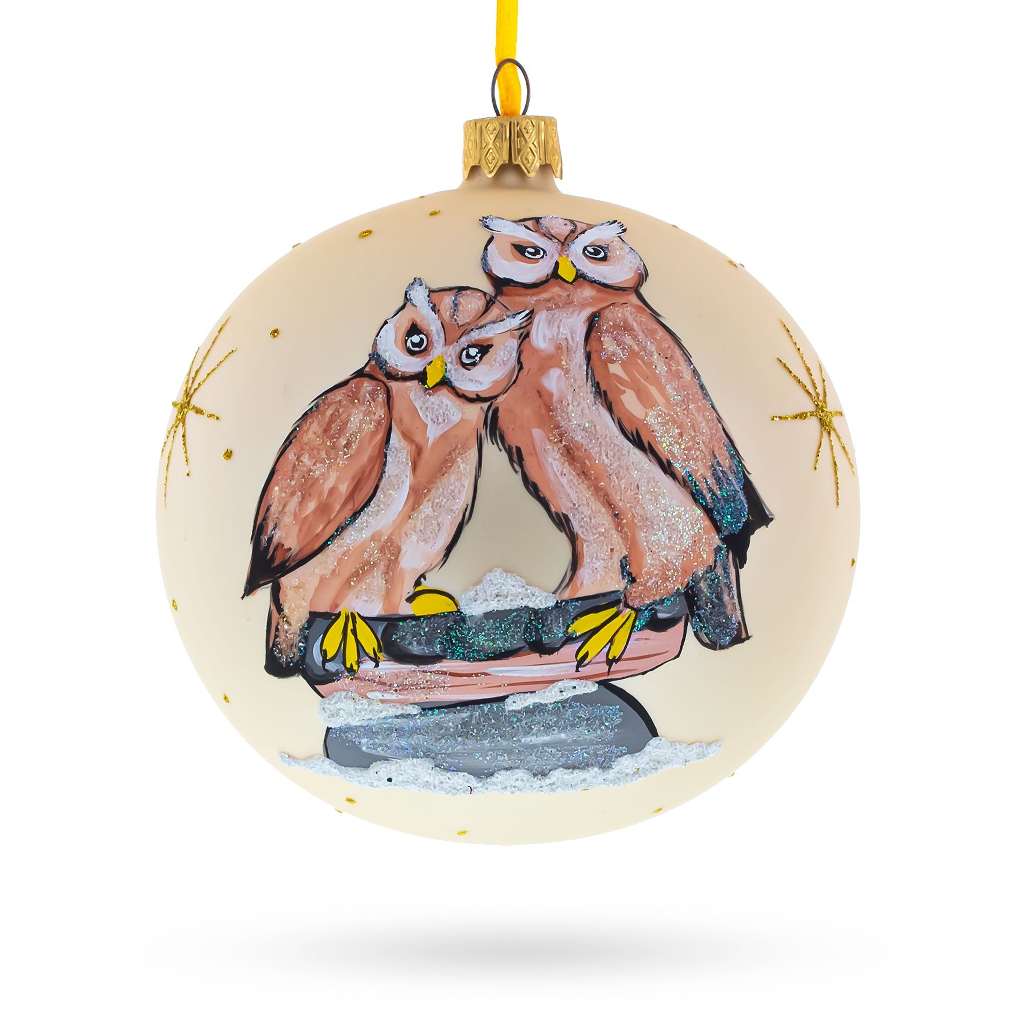Two Owls Perched in Moonlight Glass Ball Christmas Ornament 4 Inches
