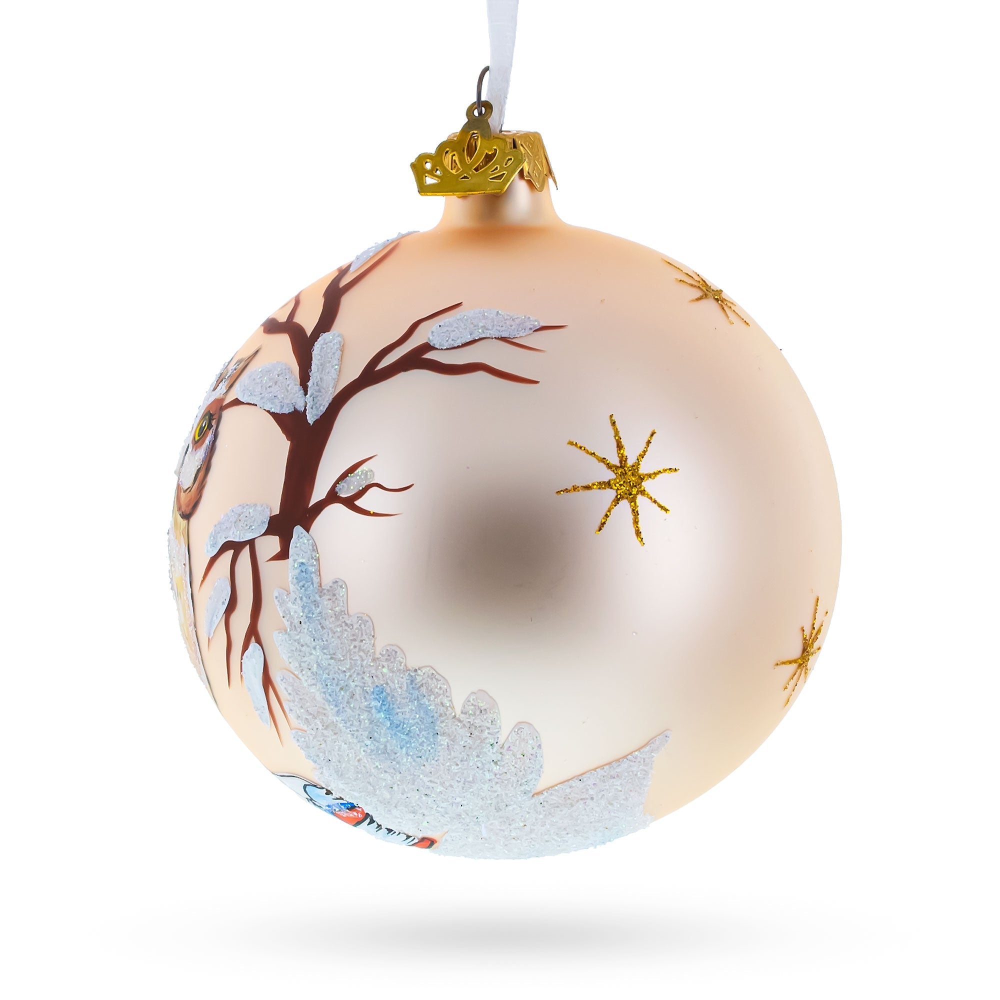 Owl in Snowy Winter Landscape Glass Ball Christmas Ornament 4 Inches