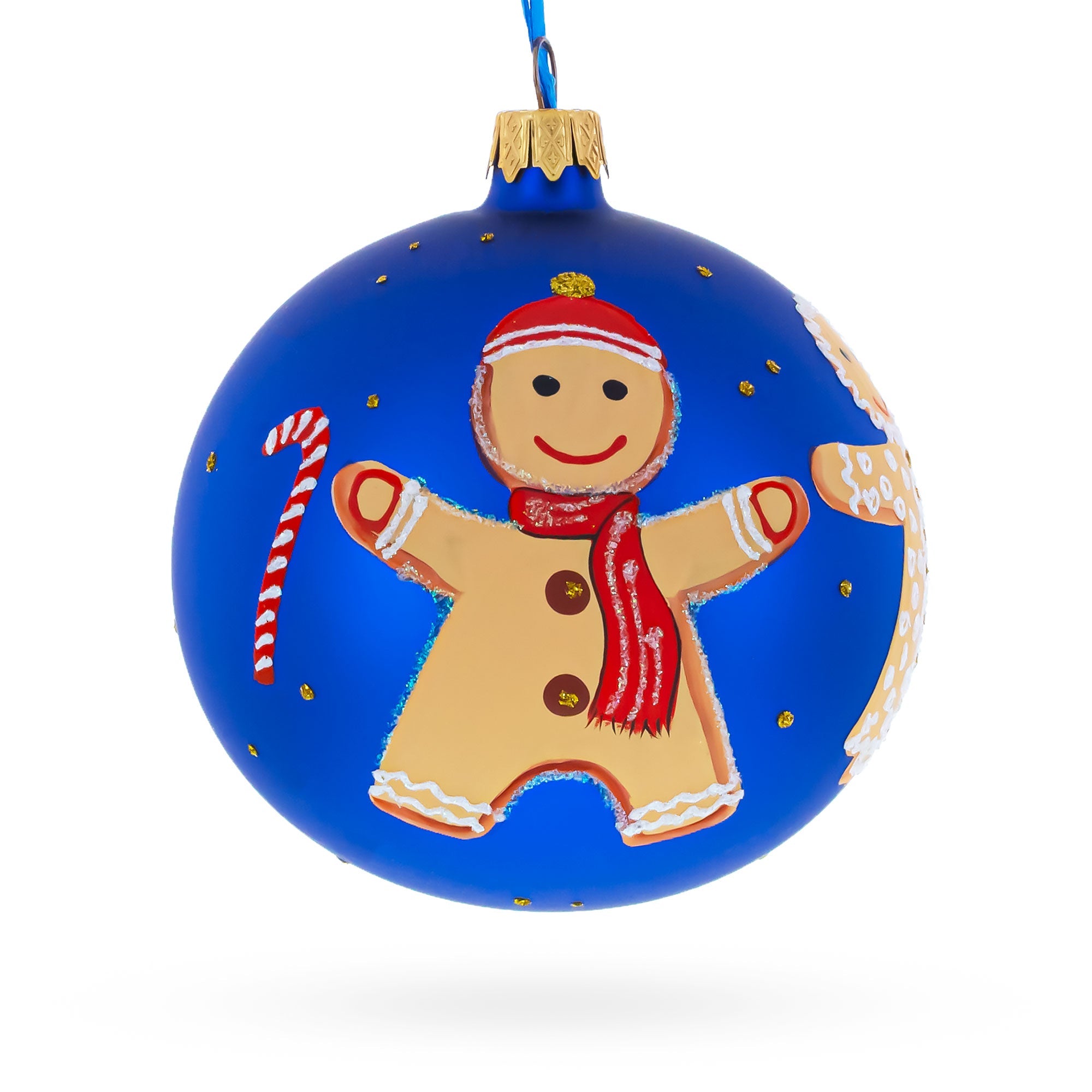 Gingerbread Family with Candy Cane Glass Ball Christmas Ornament 4 Inches