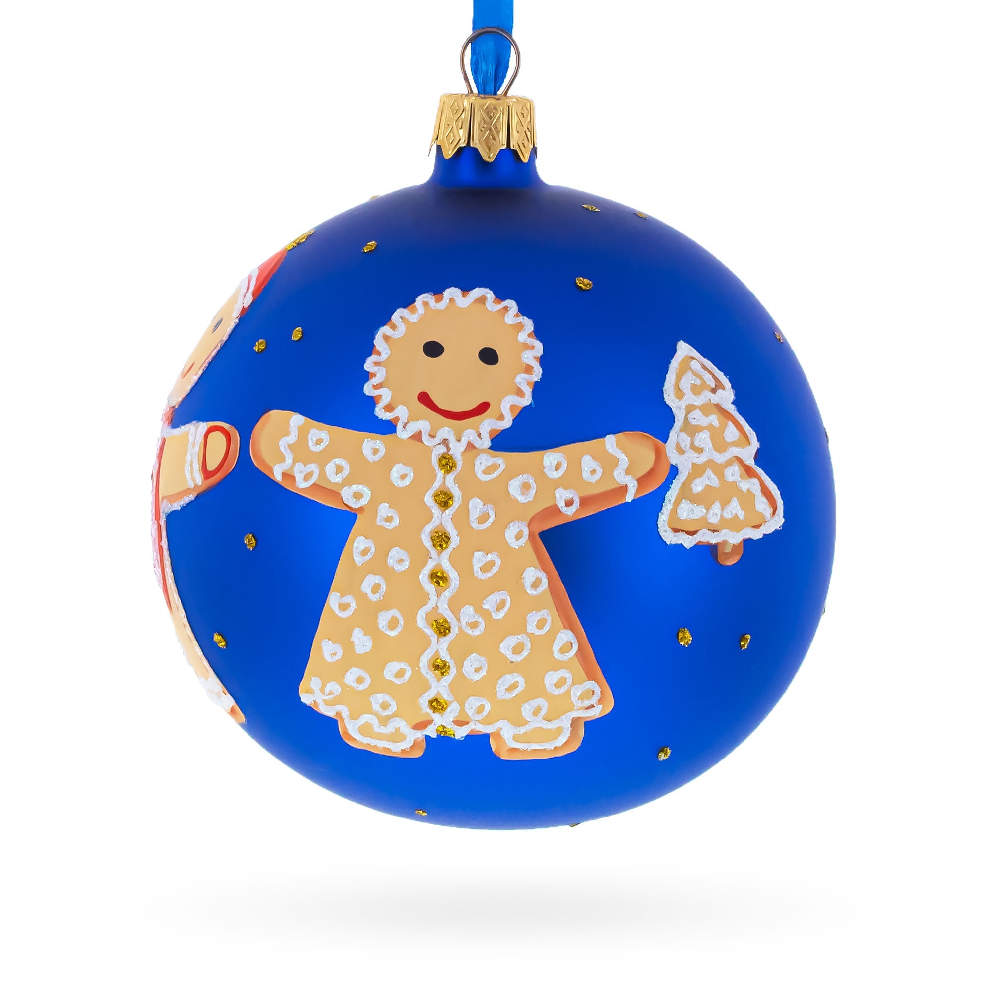 Gingerbread Family with Candy Cane Glass Ball Christmas Ornament 4 Inches