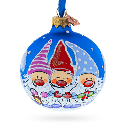 Joyful Trio of Gnomes Glass Ball Christmas Ornament 3.25 Inches
