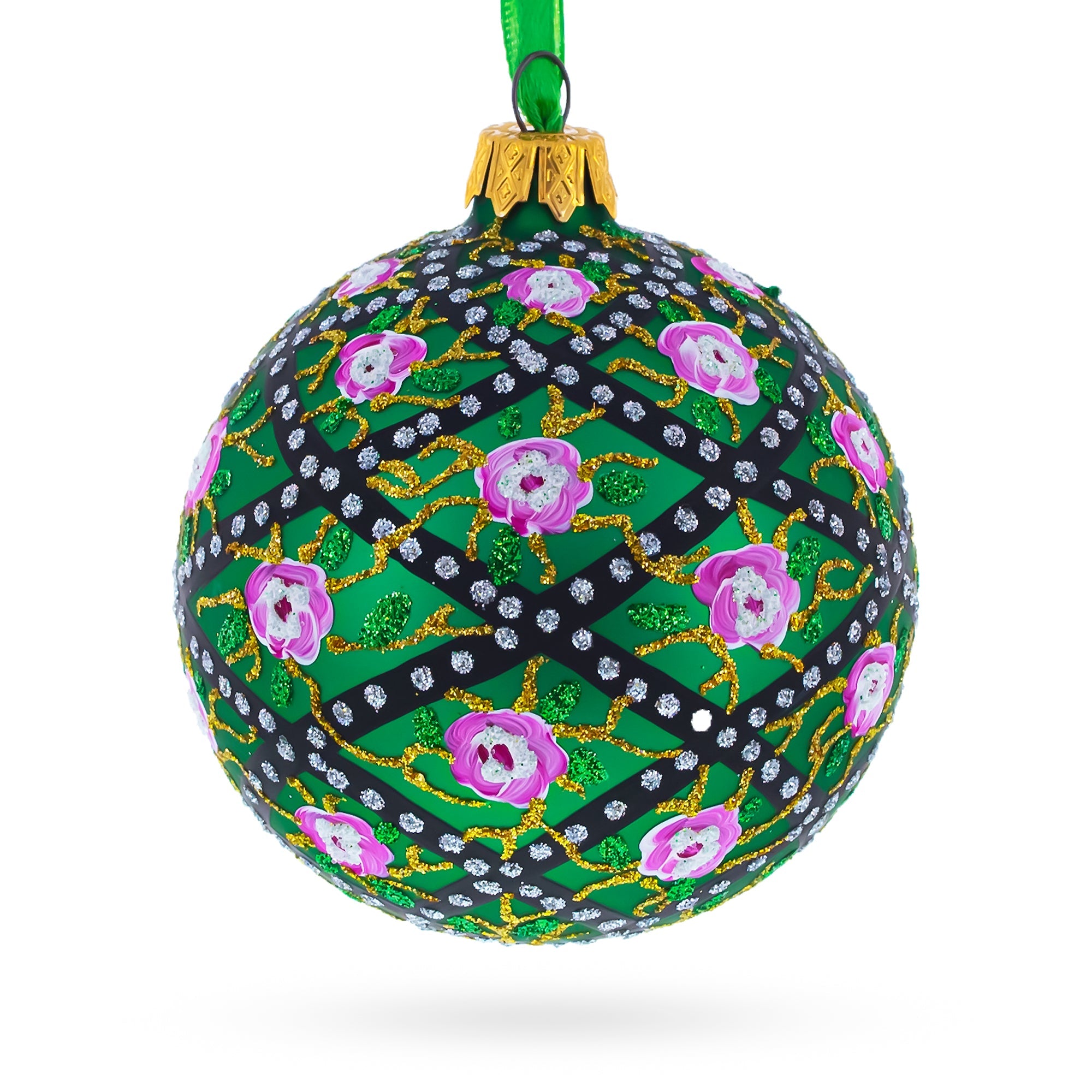 1907 Rose Trellis Royal Green Glass Ball Christmas Ornament 3.25 Inches BestPysanky
