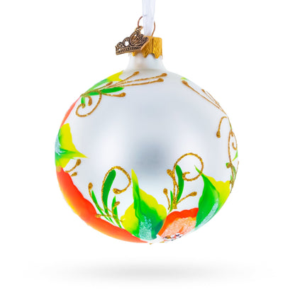 Poppy Flowers on White Glass Ball Christmas Ornament, 3.25 Inches