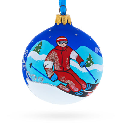 Winter Wonderland Skiing Blue Glass Ball Christmas Ornament 3.25 Inches