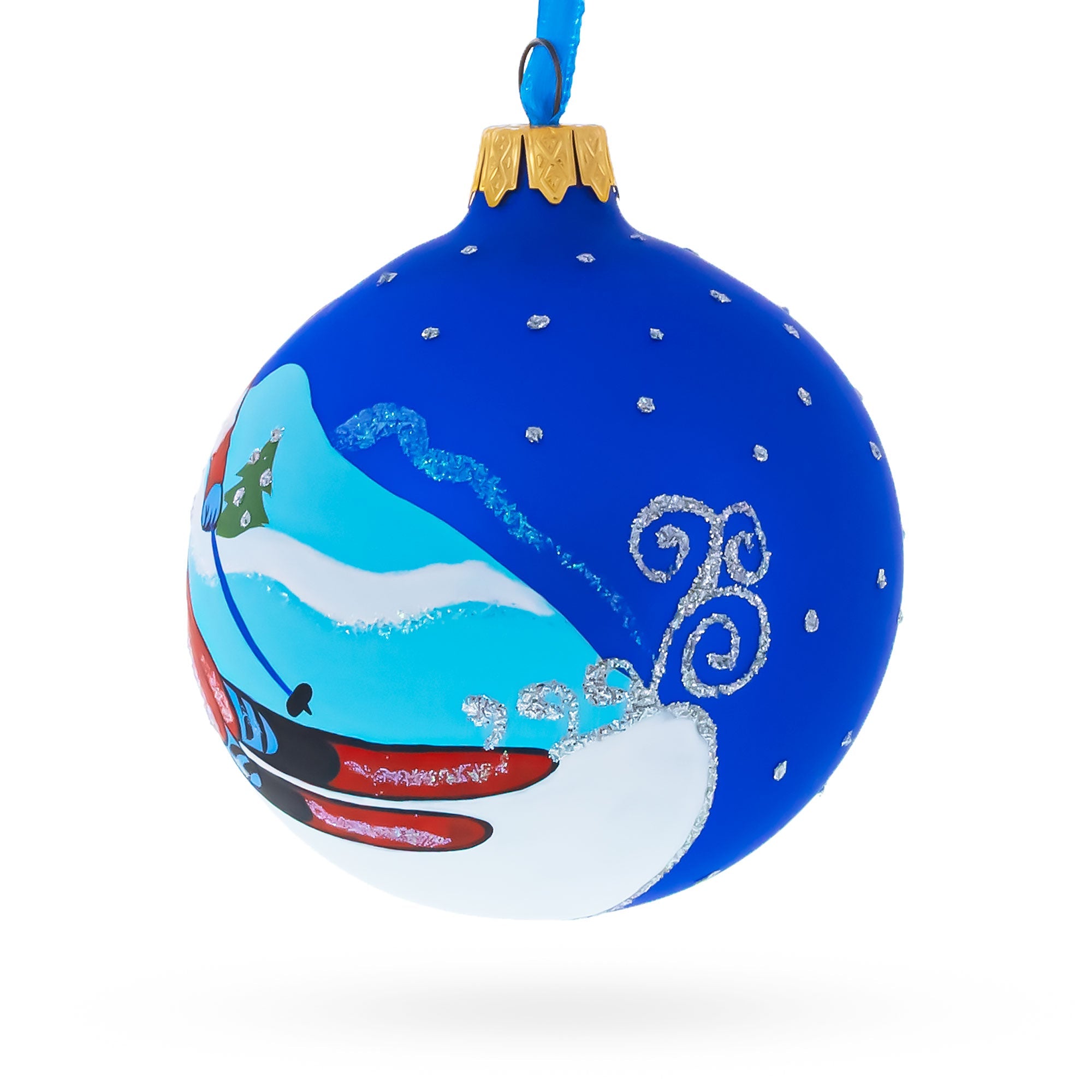 Winter Wonderland Skiing Blue Glass Ball Christmas Ornament 3.25 Inches