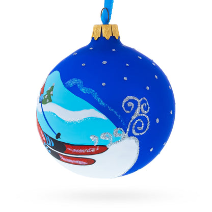 Winter Wonderland Skiing Blue Glass Ball Christmas Ornament 3.25 Inches
