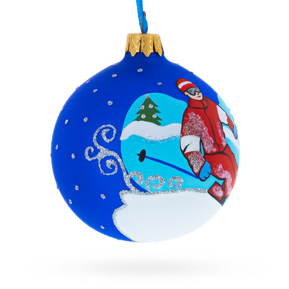 Winter Wonderland Skiing Blue Glass Ball Christmas Ornament 3.25 Inches