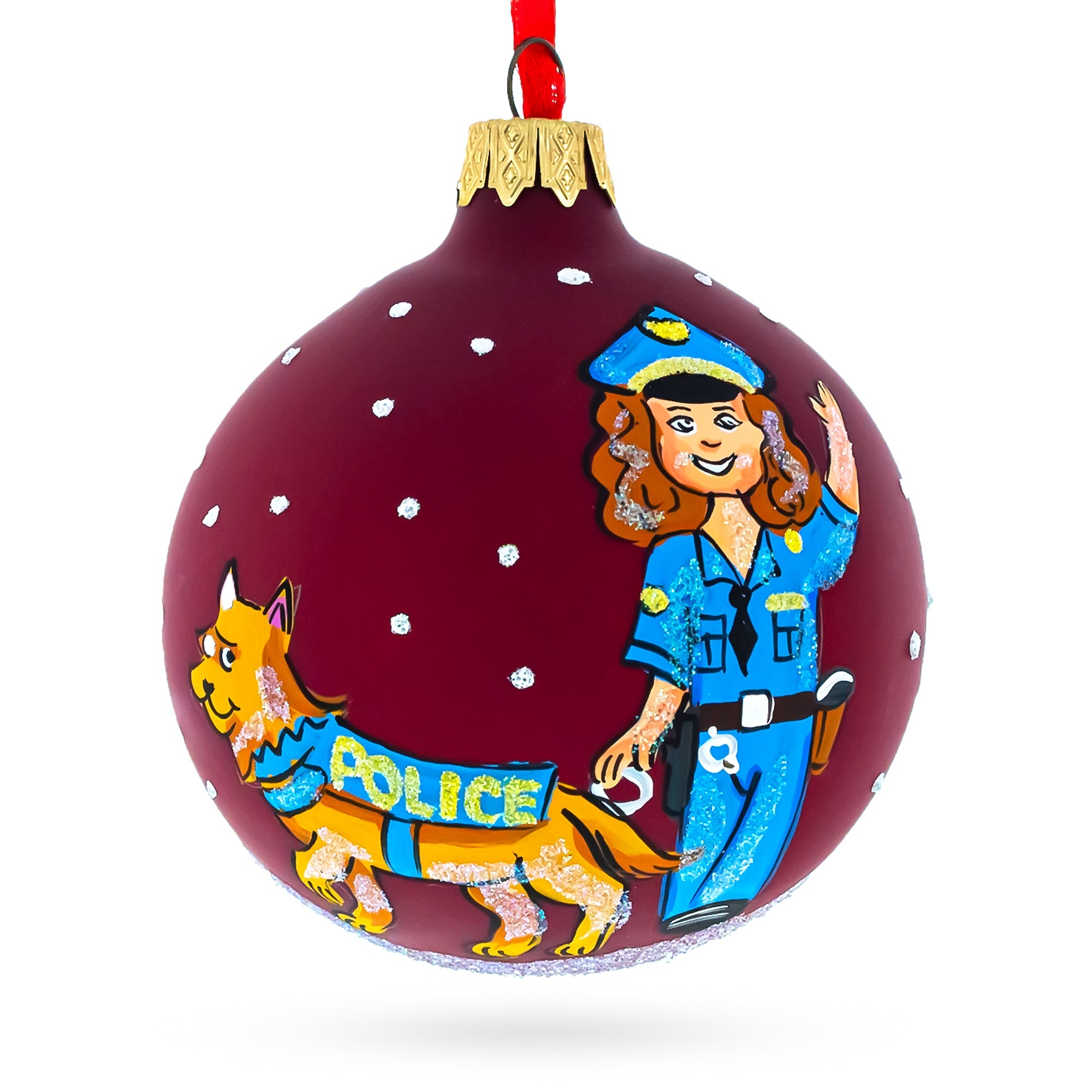 K-9 Police Officer with Dog Glass Ball Christmas Ornament 3.25 Inches