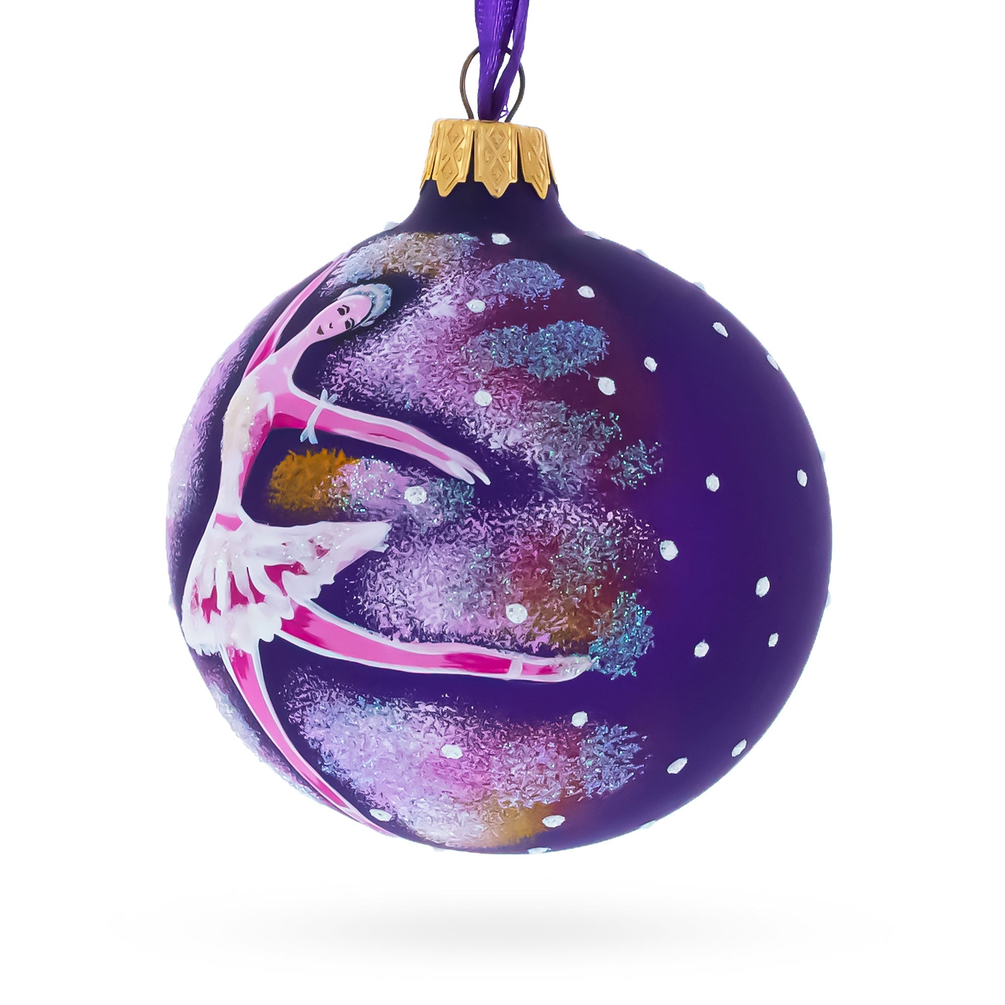 Ballet Dancer on Purple Glass Ball Christmas Ornament 3.25 Inches