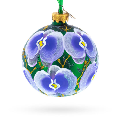 Blue Orchids on Verdant Green Glass Ball Christmas Ornament 3.25 Inches