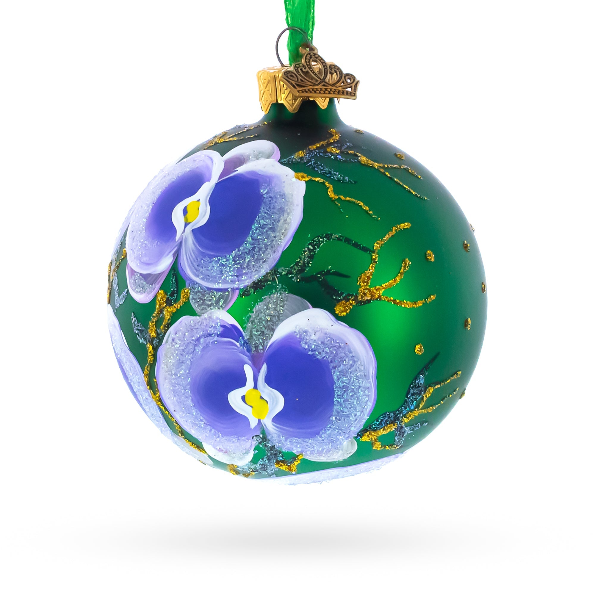 Blue Orchids on Verdant Green Glass Ball Christmas Ornament 3.25 Inches