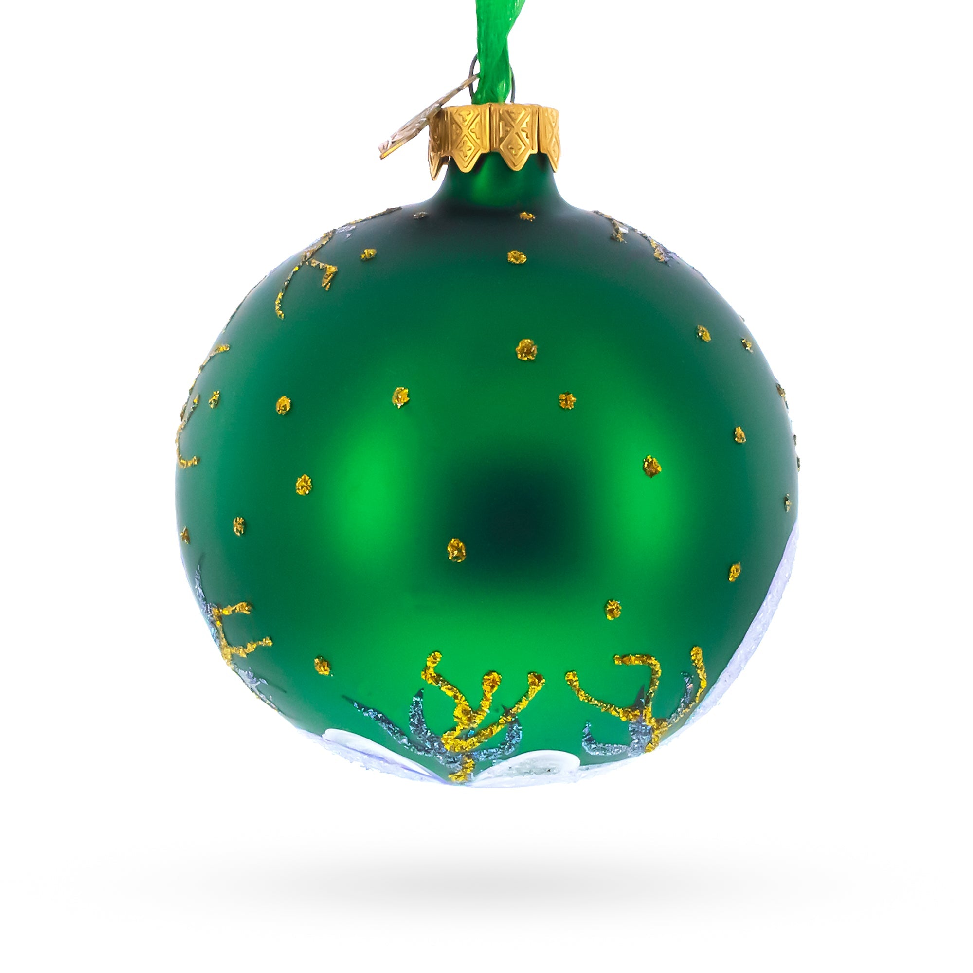 Blue Orchids on Verdant Green Glass Ball Christmas Ornament 3.25 Inches