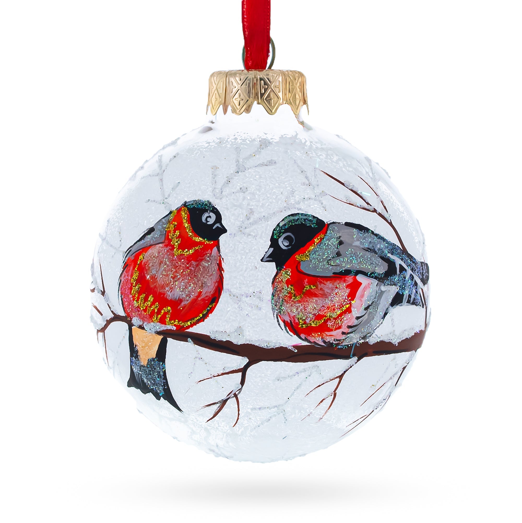 Bullfinches On Snowy Branch Glass Ball Christmas Ornament 3.25 Inches