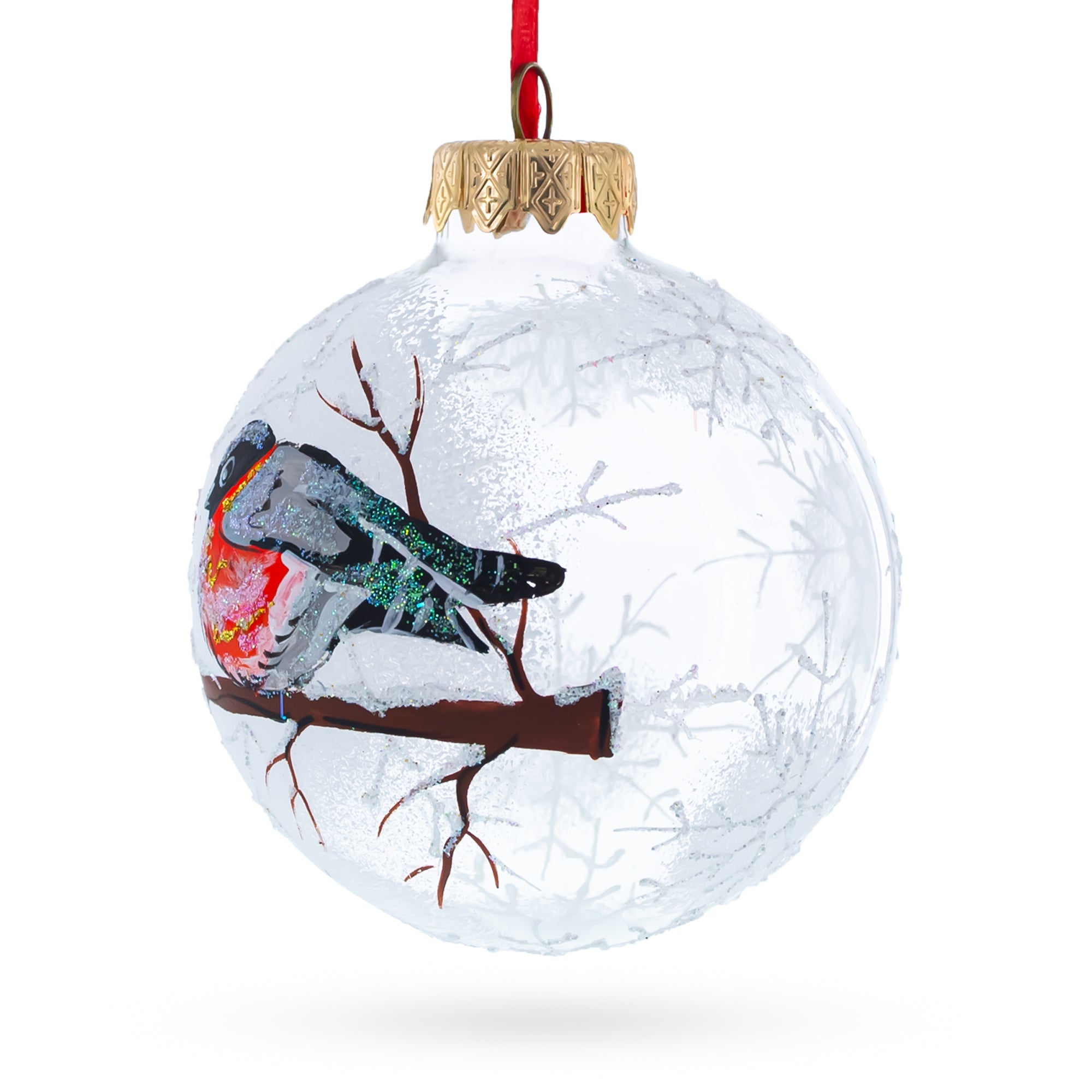 Bullfinches On Snowy Branch Glass Ball Christmas Ornament 3.25 Inches