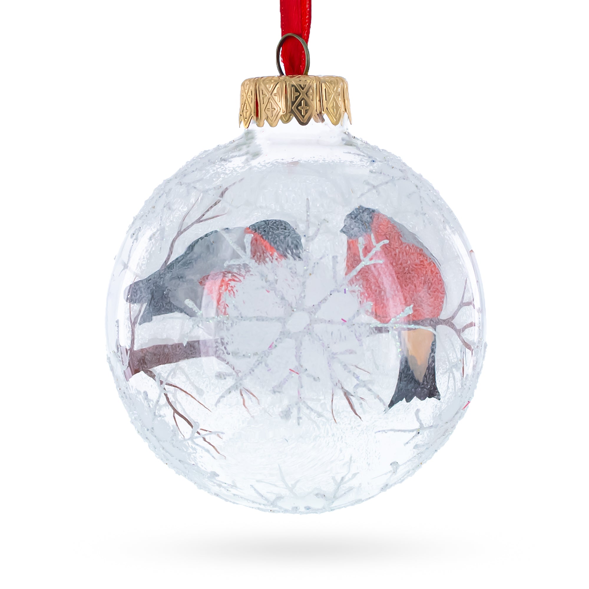 Bullfinches On Snowy Branch Glass Ball Christmas Ornament 3.25 Inches