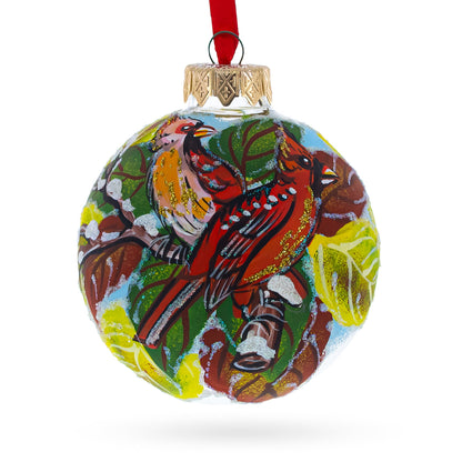 Red Cardinals in Winter Scene Glass Ball Christmas Ornament 3.25 Inches