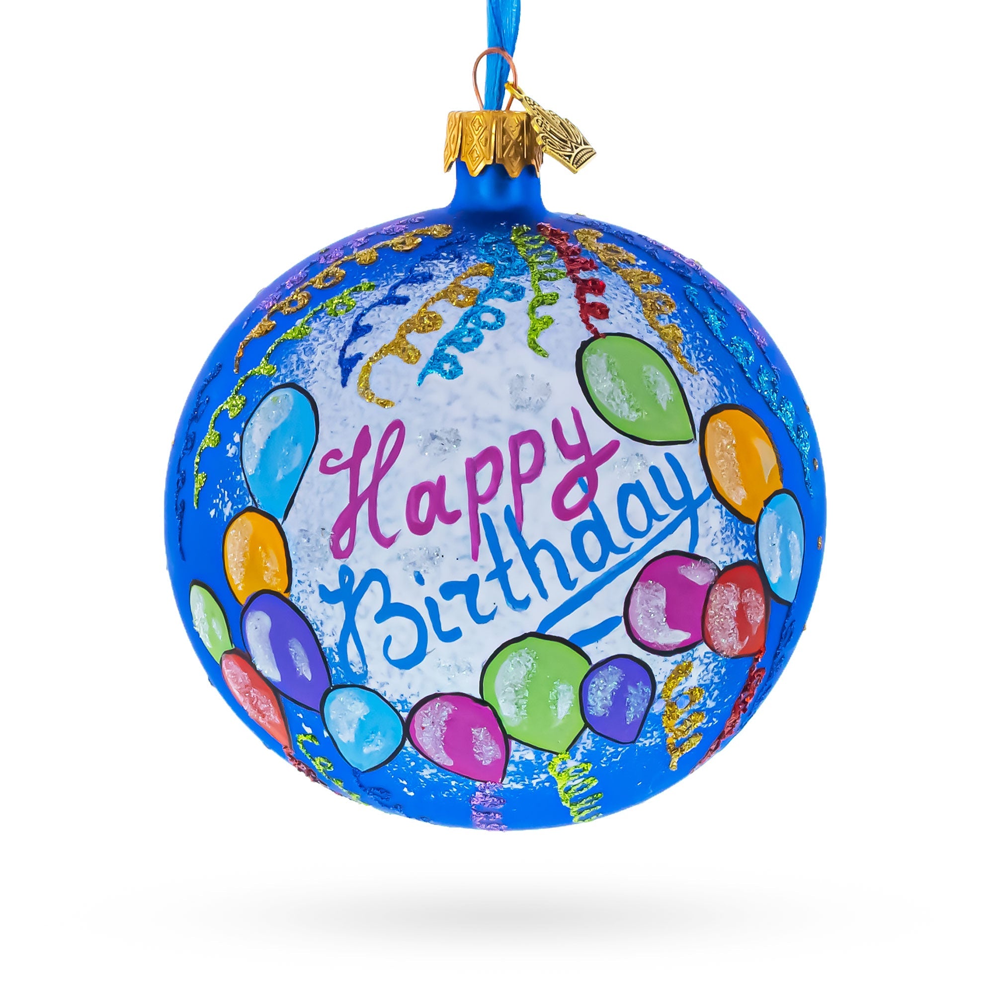 Happy Birthday Balloons & Cupcakes Glass Ball Christmas Ornament 4 Inches