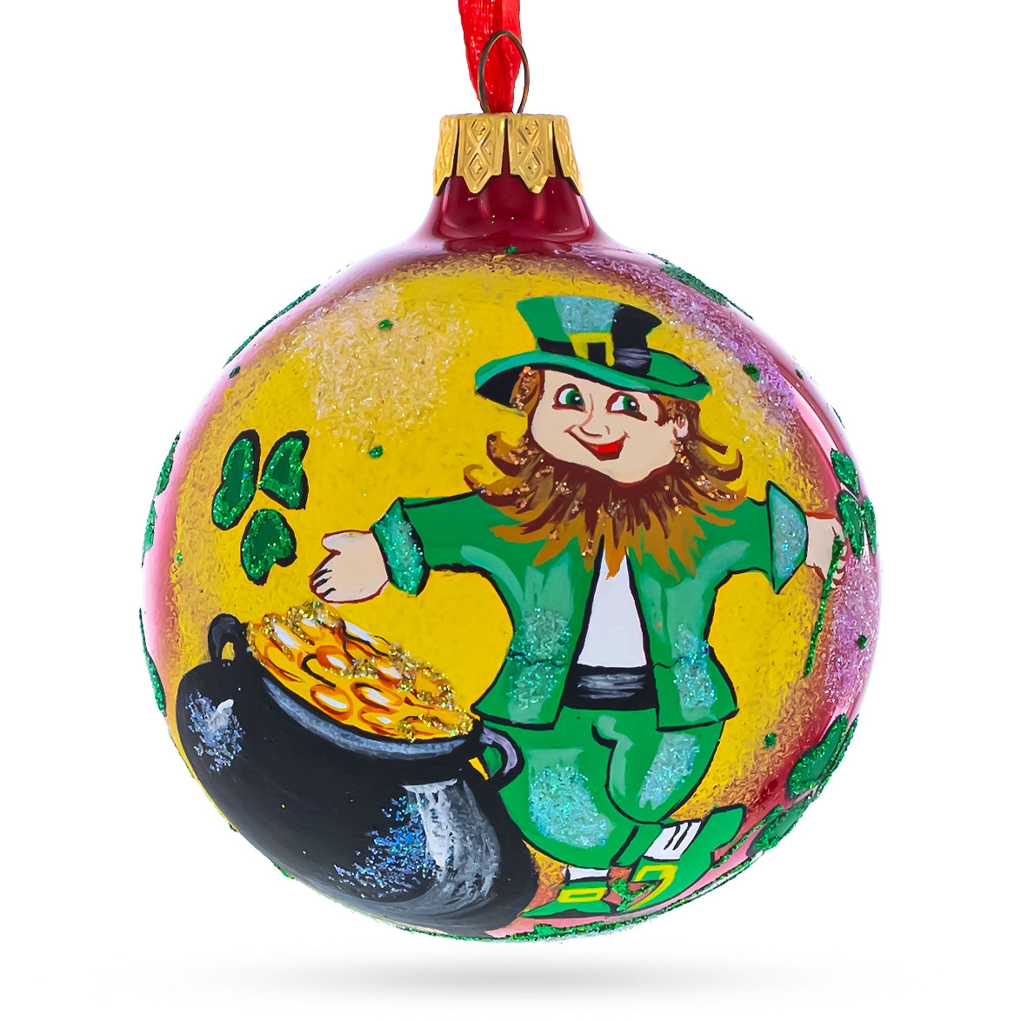 Lucky Leprechaun & Pot of Gold Glass Christmas Ornament 4 Inches BestPysanky