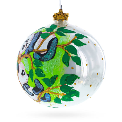 Panda Bears on Tree Branch Glass Ball Christmas Ornament 4 Inches